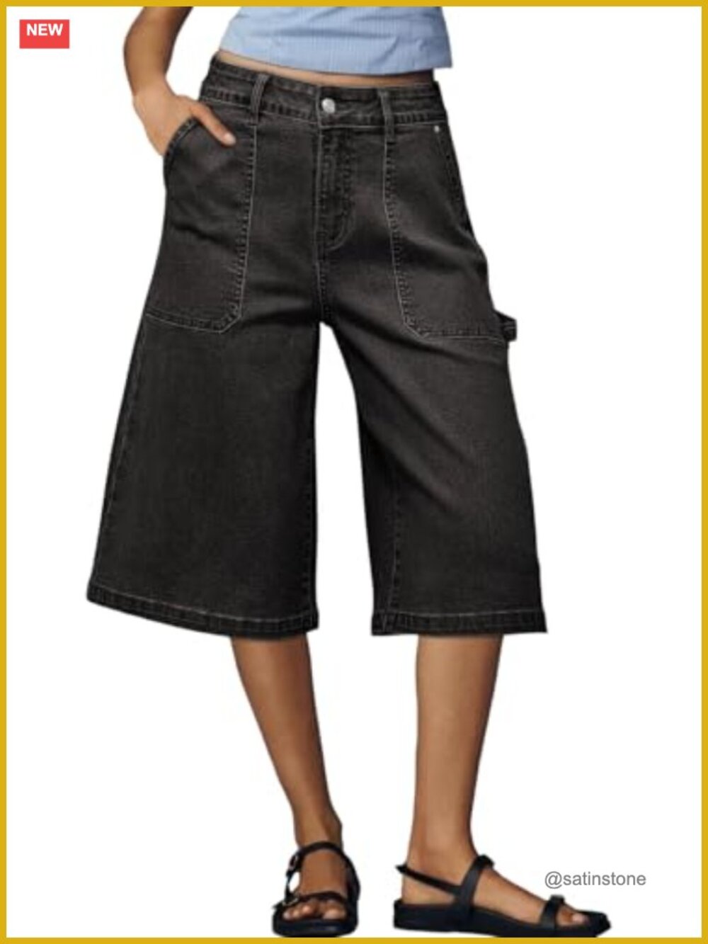 High Waisted Wide Leg Cargo Denim Shorts Below Knee Pockets